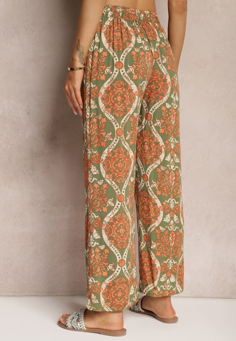 cflo Pantaloni bej închis din viscoză Boho Talie înaltă cu picioare largi și elastic în talie Tiamarra