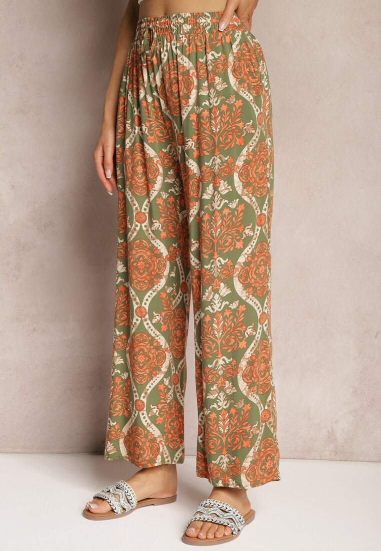 cflo Pantaloni bej închis din viscoză Boho Talie înaltă cu picioare largi și elastic în talie Tiamarra