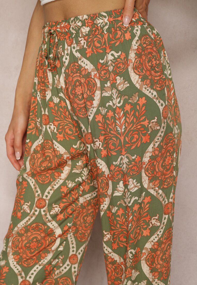 cflo Pantaloni bej închis din viscoză Boho Talie înaltă cu picioare largi și elastic în talie Tiamarra
