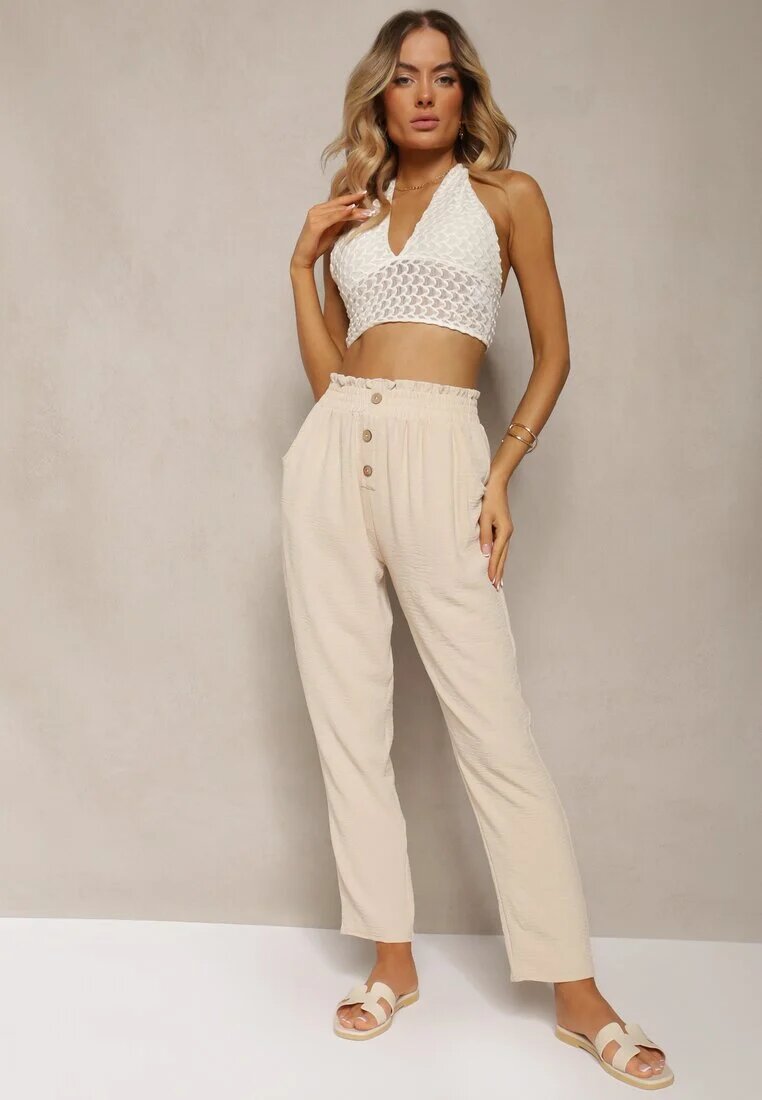 cflo Pantaloni bej tip Paper Bag cu talie înaltă cu elastic în talie Salvavia
