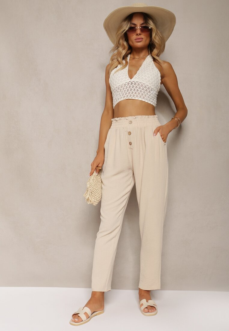 cflo Pantaloni bej tip Paper Bag cu talie înaltă cu elastic în talie Salvavia