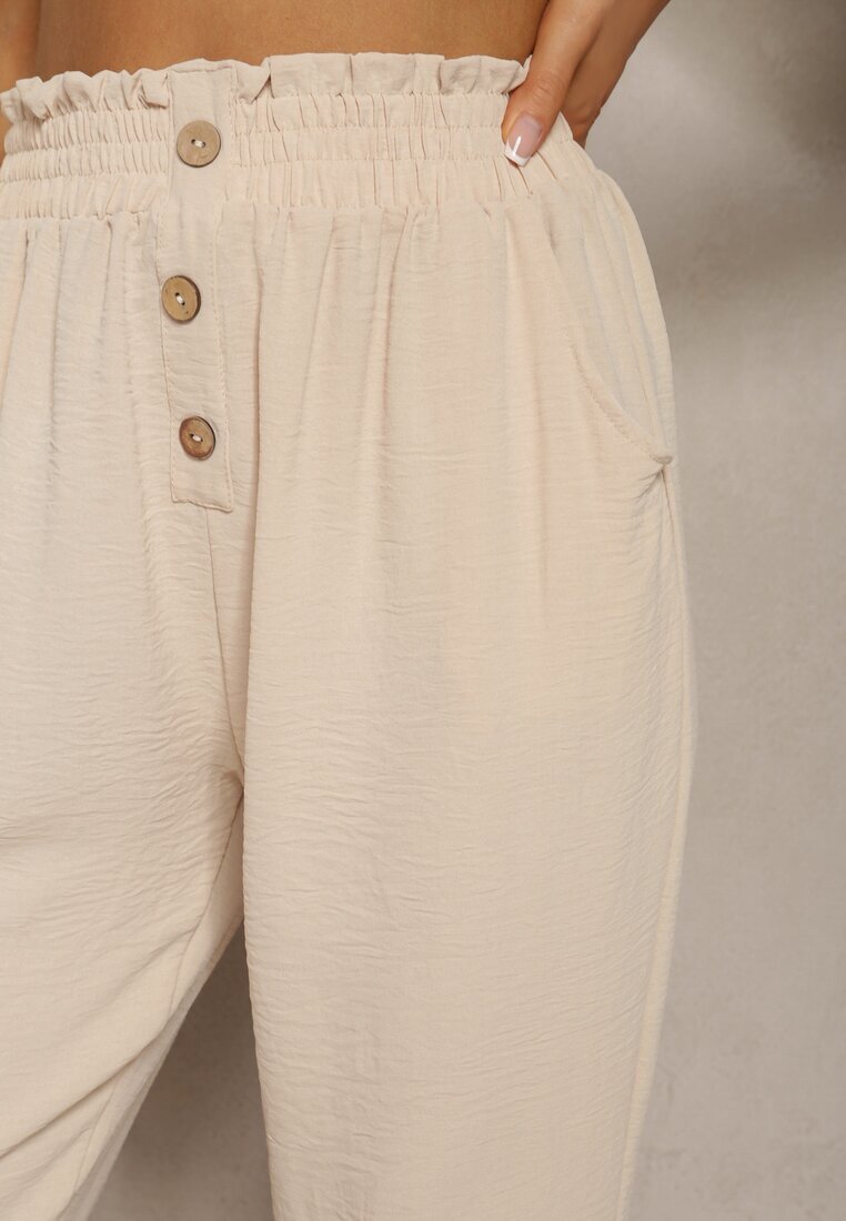 cflo Pantaloni bej tip Paper Bag cu talie înaltă cu elastic în talie Salvavia