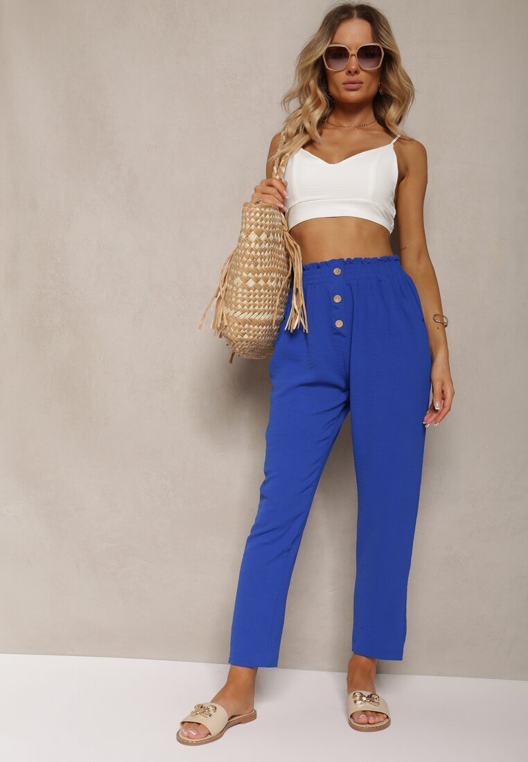 cflo Pantaloni Bleumarin-Albastru Tip Paper Bag High Waist cu elastic în talie Salvavia