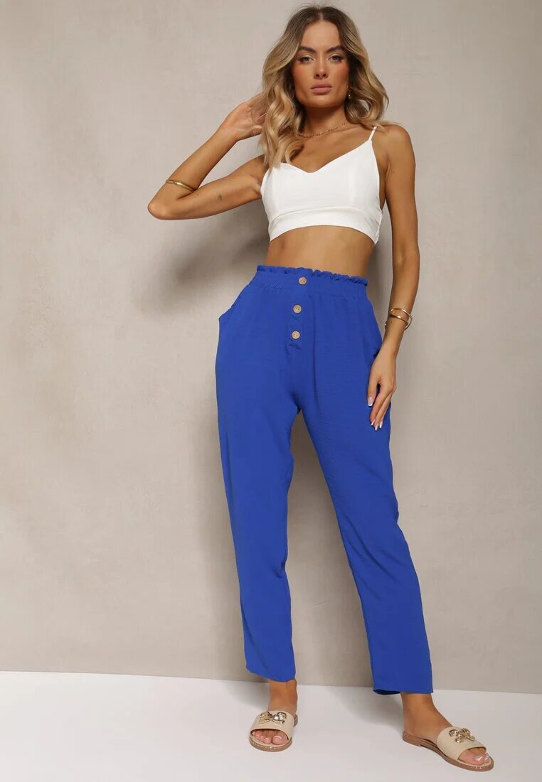 cflo Pantaloni Bleumarin-Albastru Tip Paper Bag High Waist cu elastic în talie Salvavia