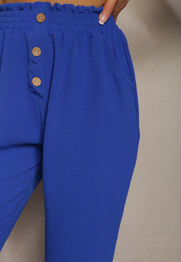 cflo Pantaloni Bleumarin-Albastru Tip Paper Bag High Waist cu elastic în talie Salvavia