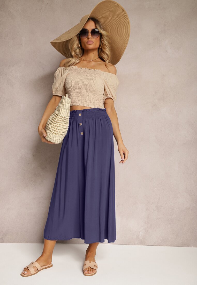 cflo Pantaloni bleumarin de viscoză Palazzo cu elastic în talie decorați cu nasturi cu lungimea 3/4 Efinna