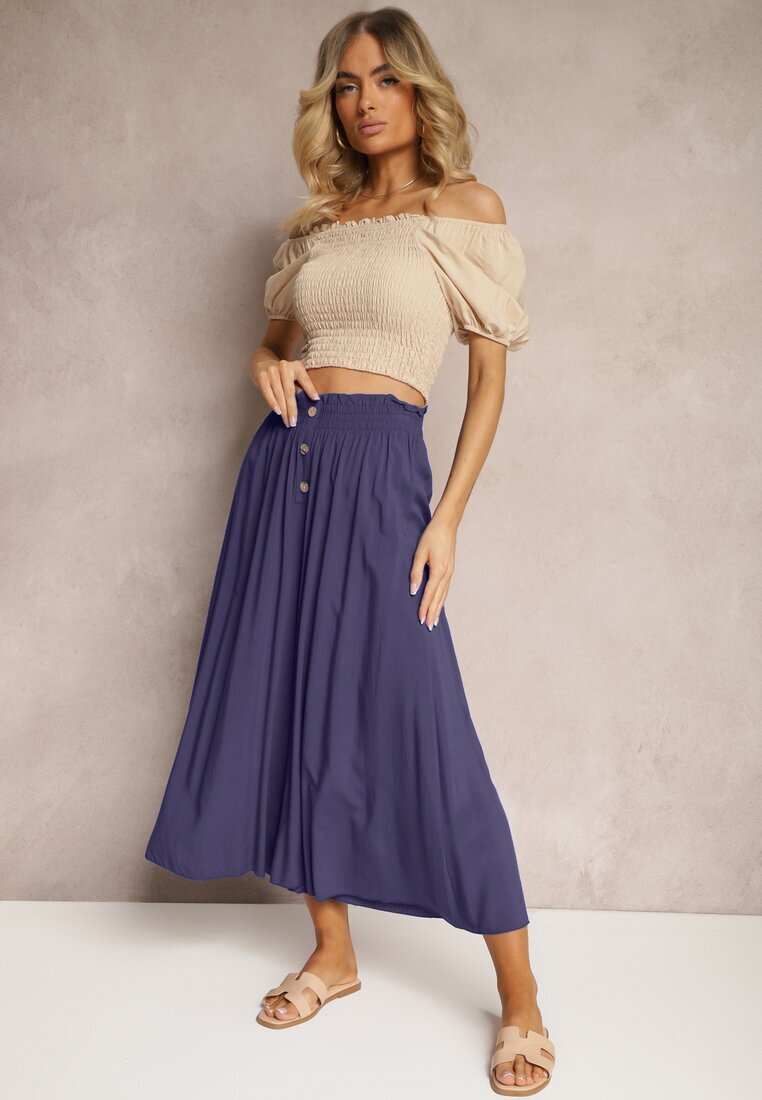 cflo Pantaloni bleumarin de viscoză Palazzo cu elastic în talie decorați cu nasturi cu lungimea 3/4 Efinna