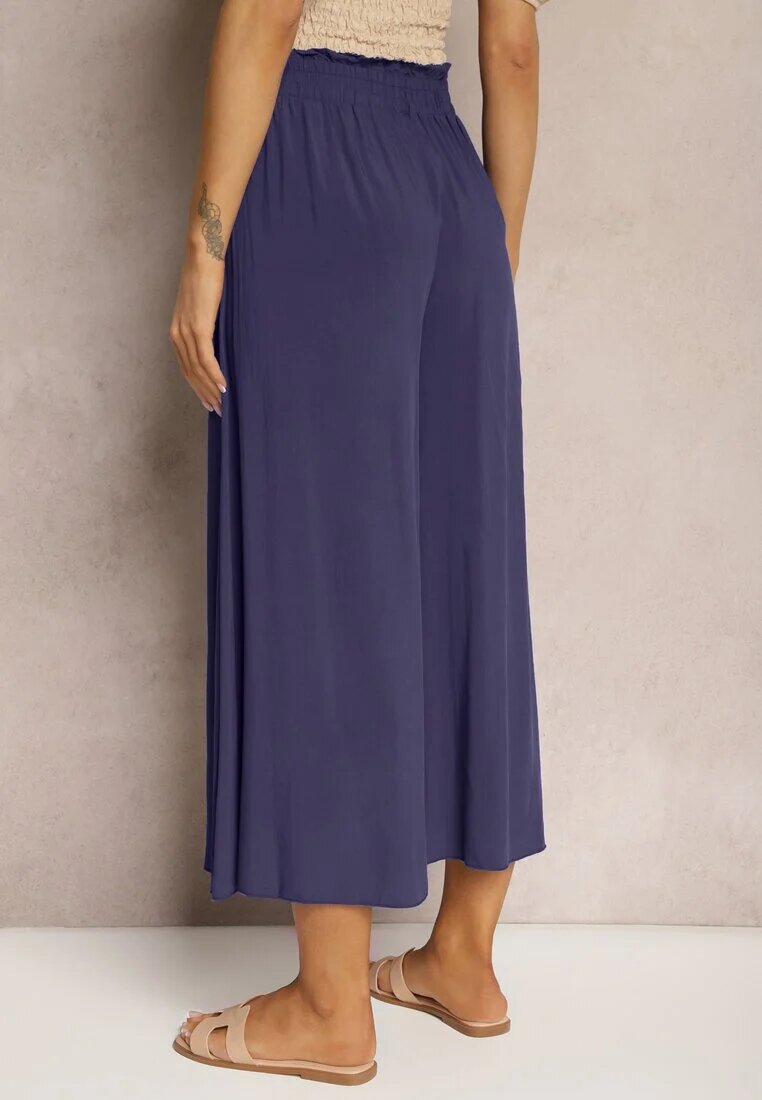 cflo Pantaloni bleumarin de viscoză Palazzo cu elastic în talie decorați cu nasturi cu lungimea 3/4 Efinna