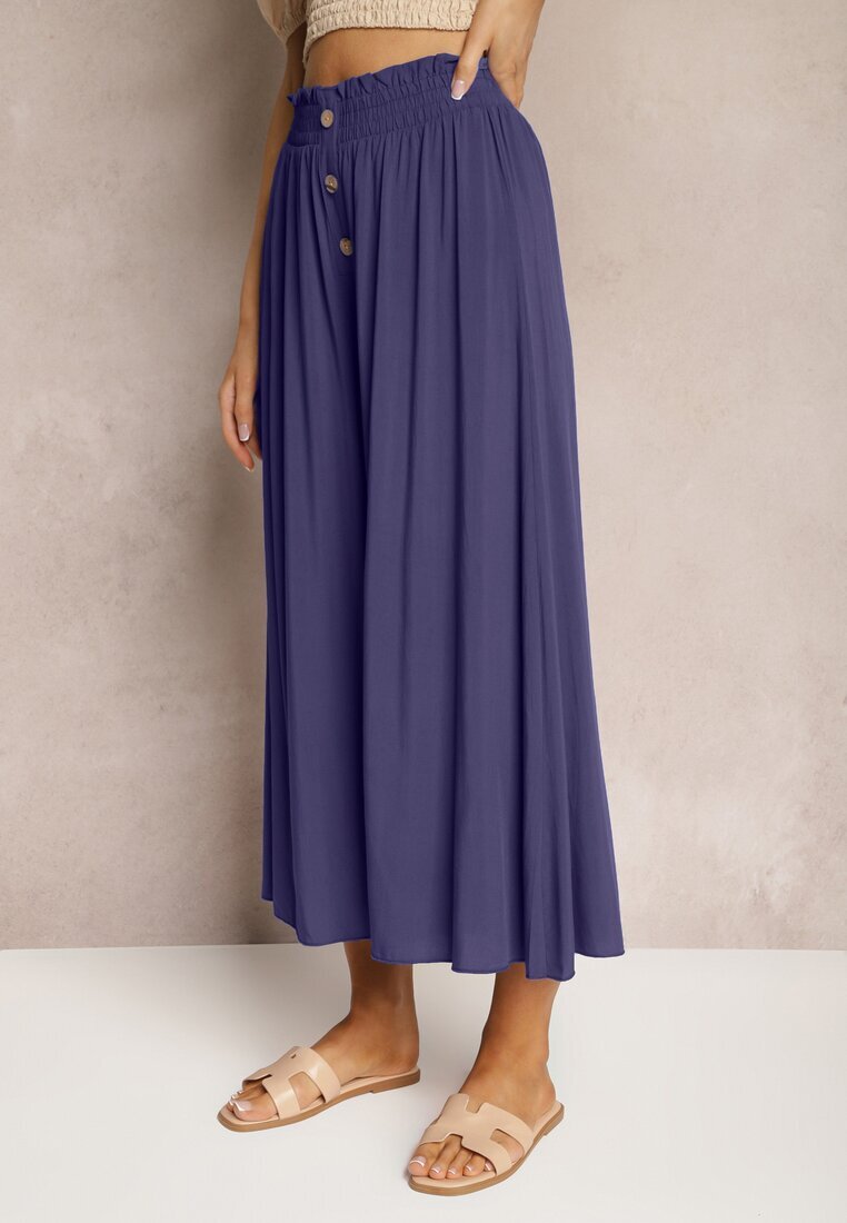 cflo Pantaloni bleumarin de viscoză Palazzo cu elastic în talie decorați cu nasturi cu lungimea 3/4 Efinna