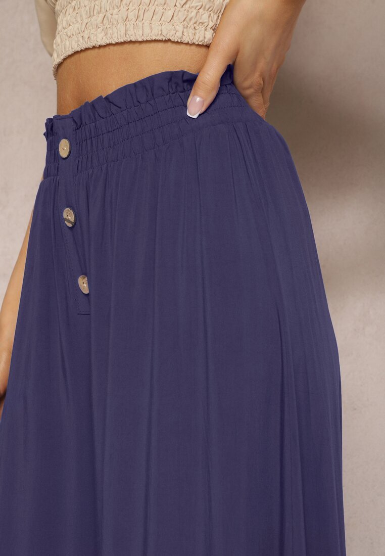 cflo Pantaloni bleumarin de viscoză Palazzo cu elastic în talie decorați cu nasturi cu lungimea 3/4 Efinna