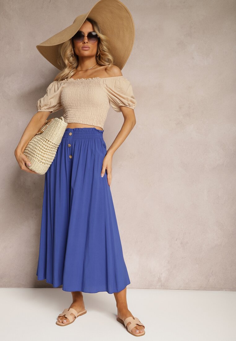 cflo Pantaloni bleumarin din viscoză Palazzo cu elastic în talie decorați cu nasturi cu lungime 3/4 Efinna