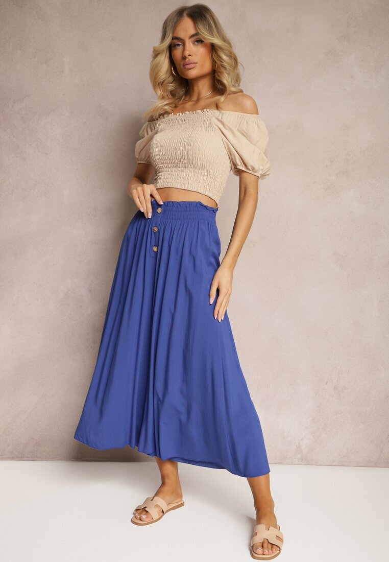 cflo Pantaloni bleumarin din viscoză Palazzo cu elastic în talie decorați cu nasturi cu lungime 3/4 Efinna