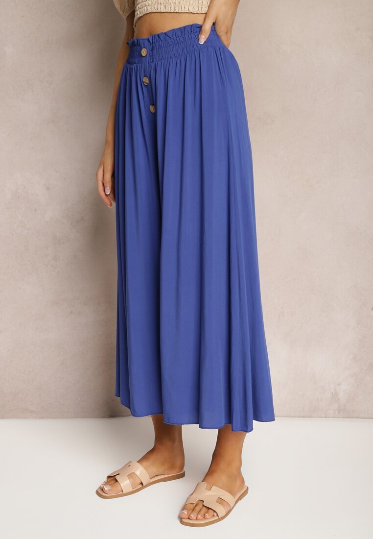 cflo Pantaloni bleumarin din viscoză Palazzo cu elastic în talie decorați cu nasturi cu lungime 3/4 Efinna