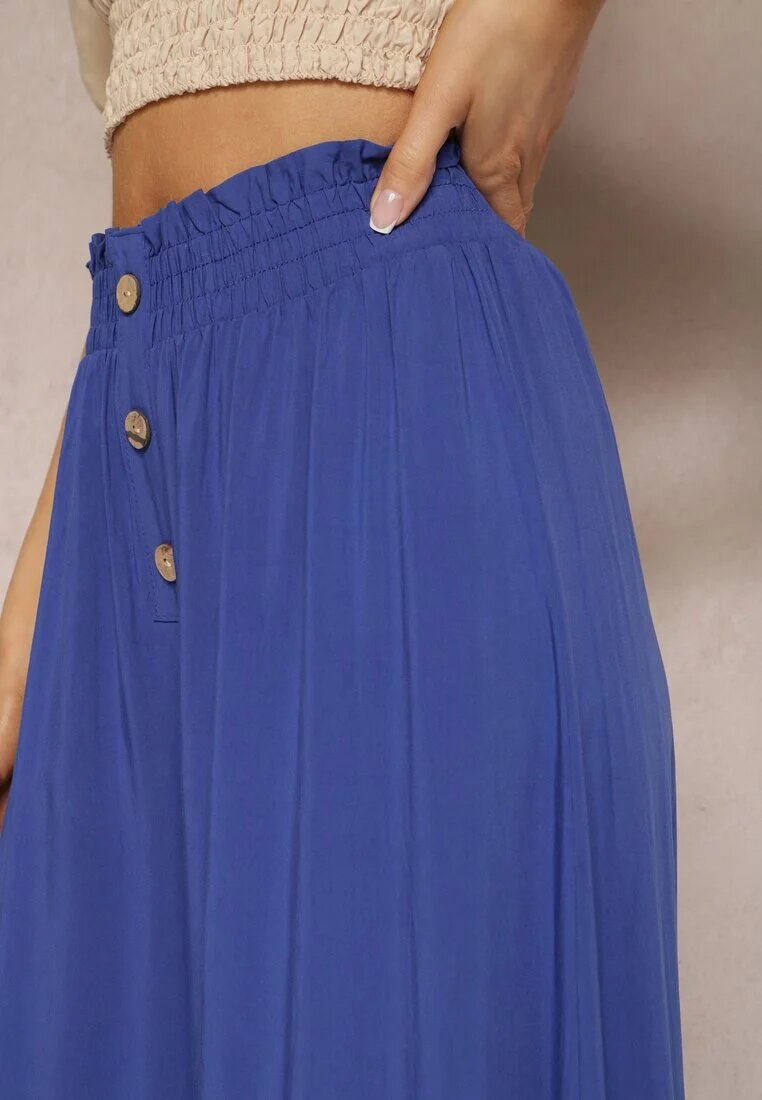 cflo Pantaloni bleumarin din viscoză Palazzo cu elastic în talie decorați cu nasturi cu lungime 3/4 Efinna