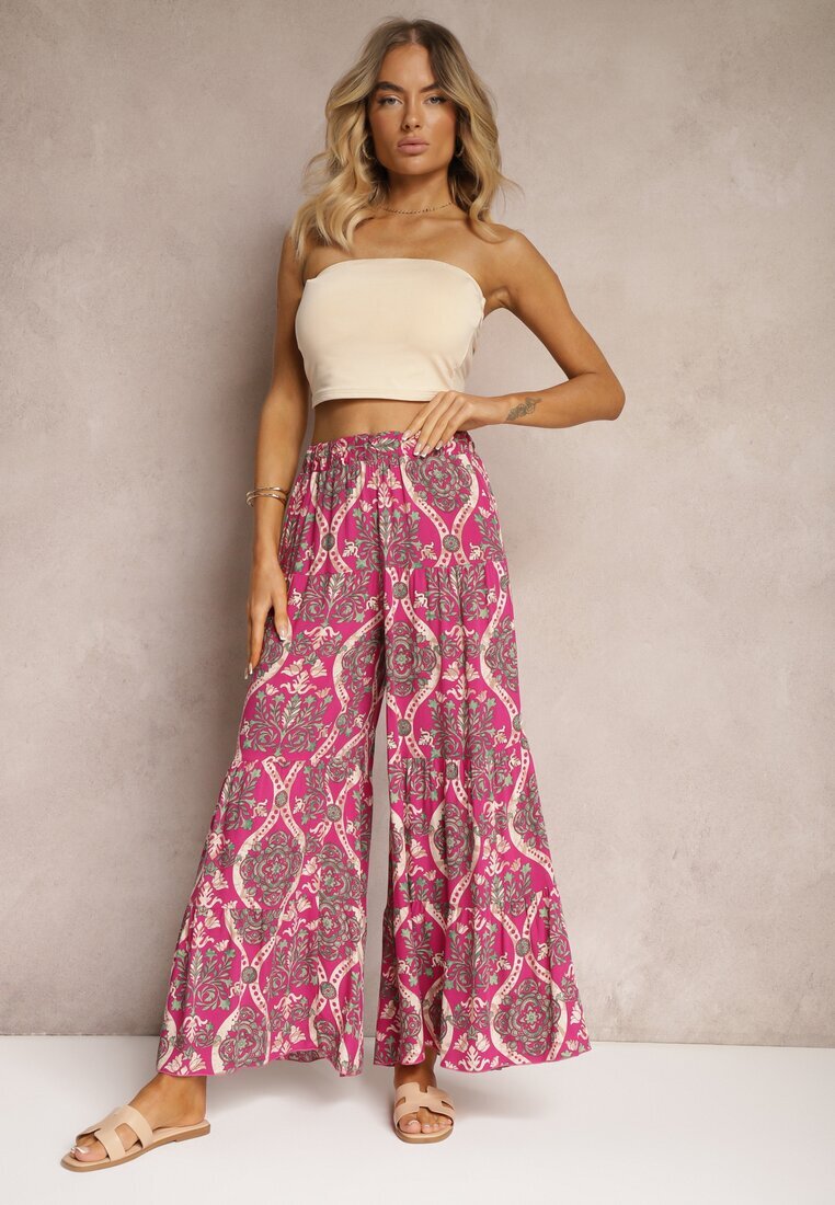 cflo Pantaloni Fucsia din Viscoză cu Picioare Lărgi Talie înaltă cu Elastic în Talie Risettasmi