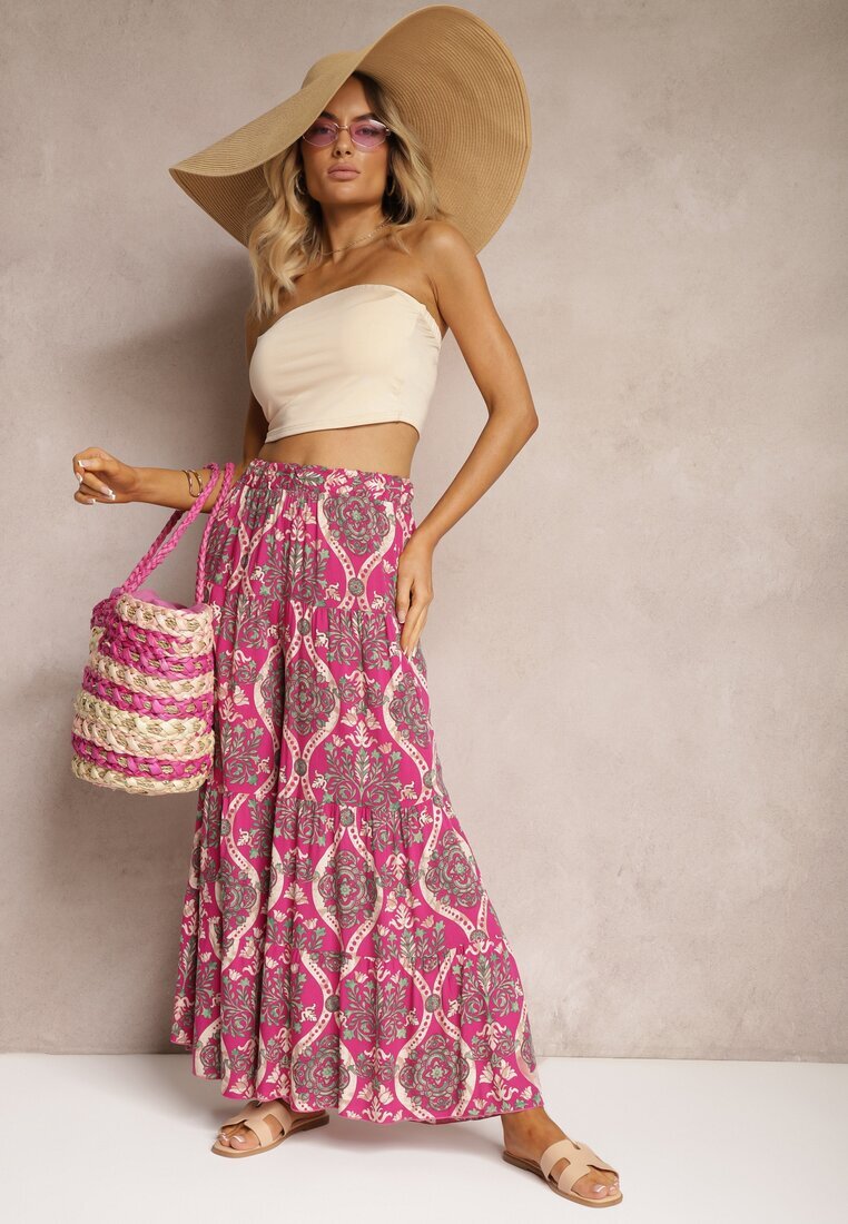 cflo Pantaloni Fucsia din Viscoză cu Picioare Lărgi Talie înaltă cu Elastic în Talie Risettasmi