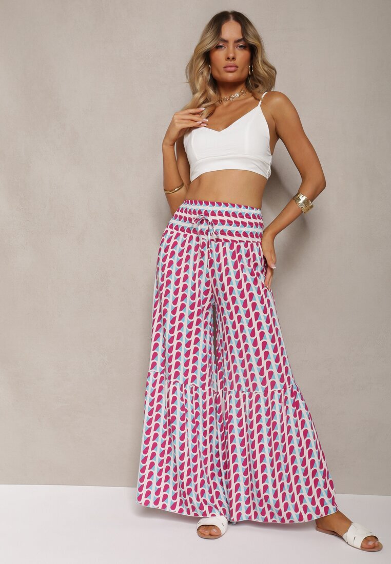 cflo Pantaloni Fucsia și Alb din Viscoză cu Talie înaltă Tip Palazzo cu Elastic în Talie Tiimacella