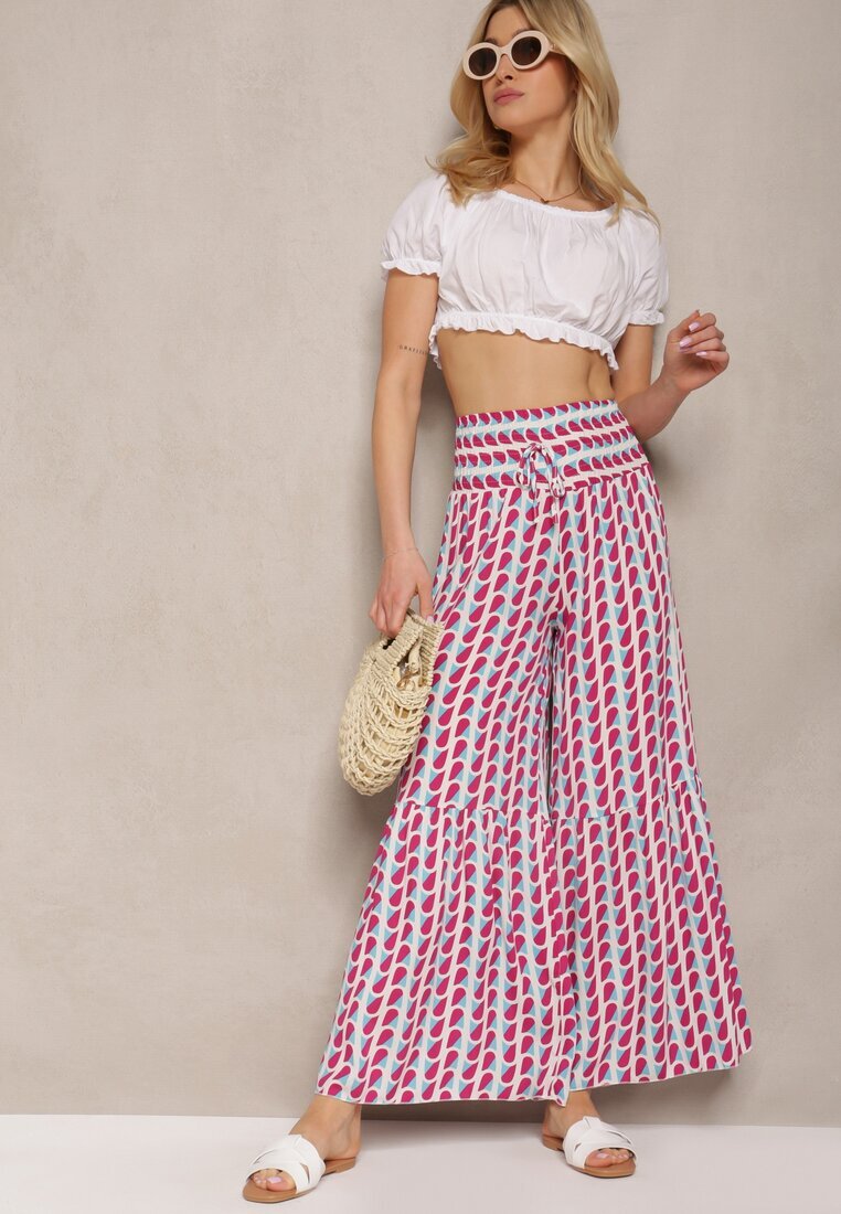 cflo Pantaloni Fucsia și Alb din Viscoză cu Talie înaltă Tip Palazzo cu Elastic în Talie Tiimacella