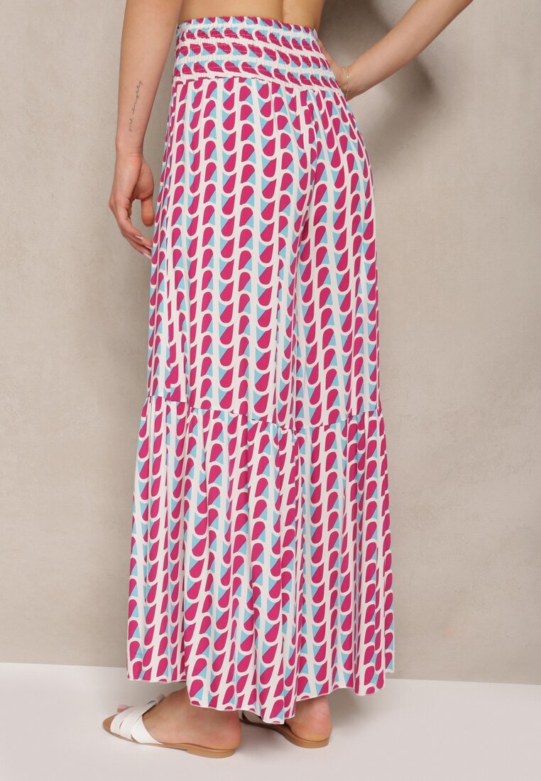 cflo Pantaloni Fucsia și Alb din Viscoză cu Talie înaltă Tip Palazzo cu Elastic în Talie Tiimacella