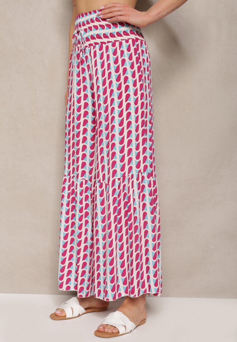 cflo Pantaloni Fucsia și Alb din Viscoză cu Talie înaltă Tip Palazzo cu Elastic în Talie Tiimacella