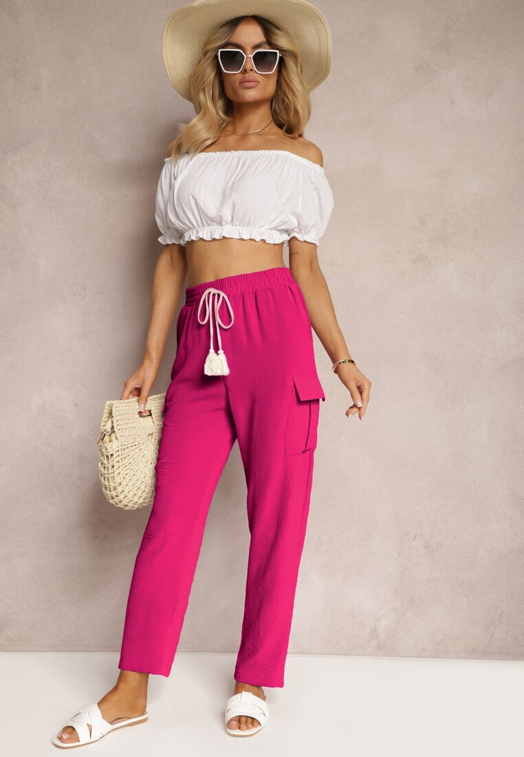 cflo Pantaloni Fucsia Talie Înaltă cu Croială Cargo cu Buzunare Finisați cu Elastic în Talie Efiene