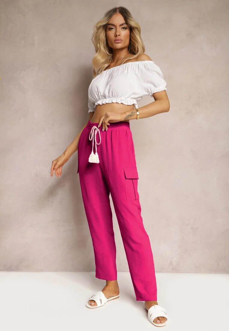 cflo Pantaloni Fucsia Talie Înaltă cu Croială Cargo cu Buzunare Finisați cu Elastic în Talie Efiene