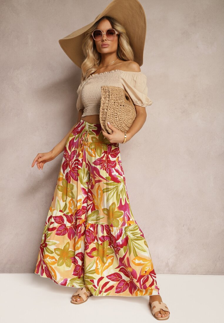 cflo Pantaloni Galben-Roz High Waist din Vâscoză Tip Palazzo cu Elastic în Talie Haestria
