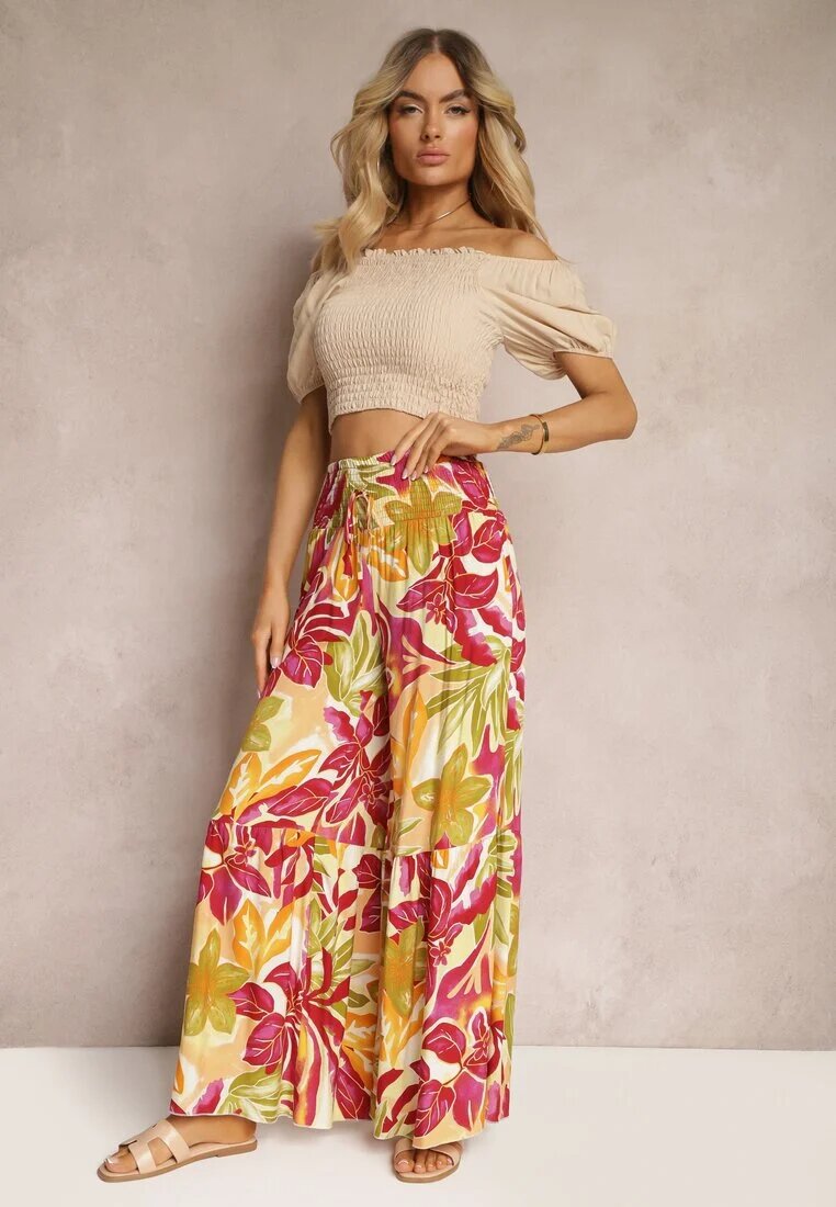 cflo Pantaloni Galben-Roz High Waist din Vâscoză Tip Palazzo cu Elastic în Talie Haestria