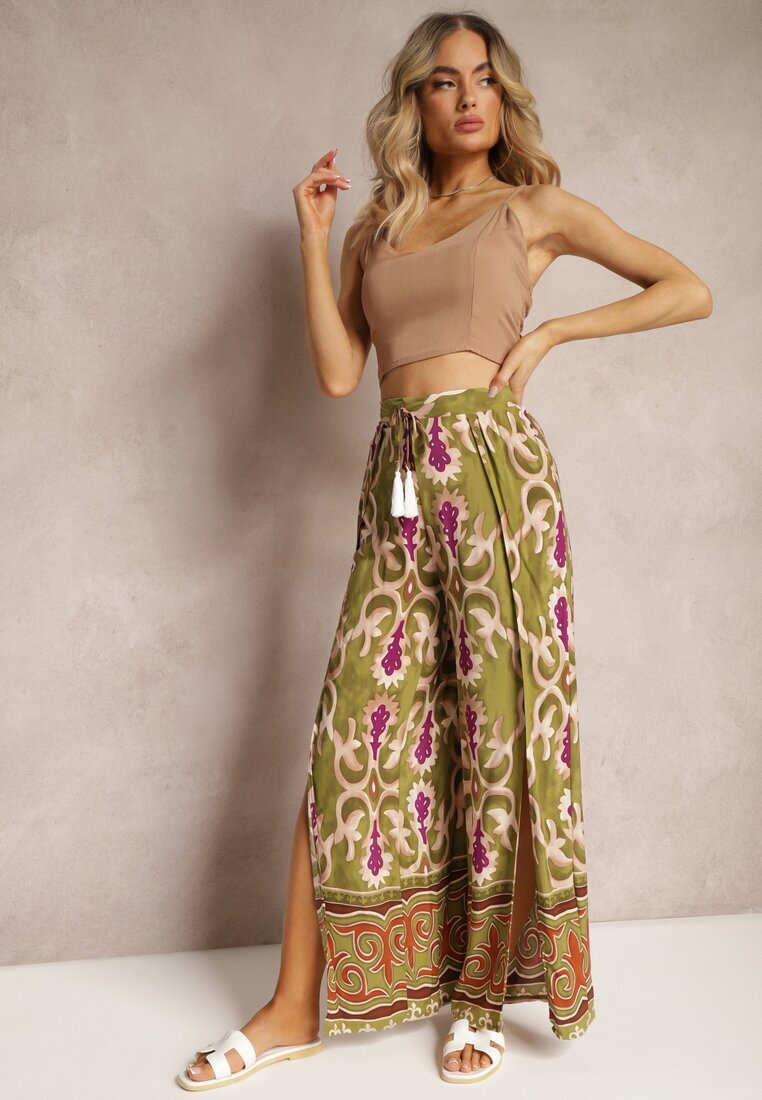 cflo Pantaloni Largi Verde-Violet din Viscoză Decorați cu Decupaje pe Picioare și cu Model Ornamental Giathena