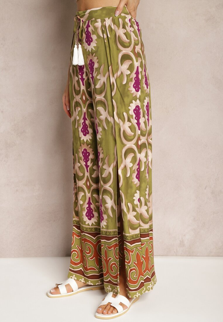 cflo Pantaloni Largi Verde-Violet din Viscoză Decorați cu Decupaje pe Picioare și cu Model Ornamental Giathena