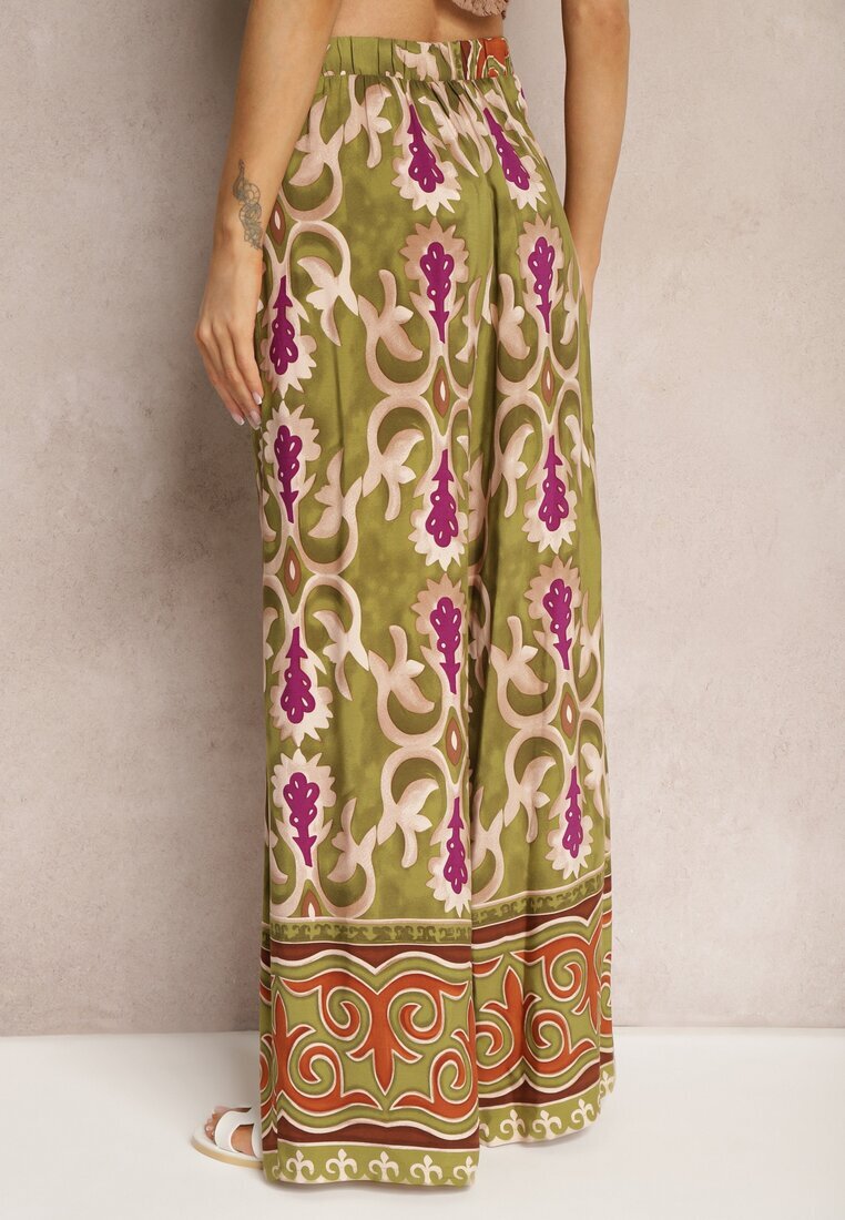 cflo Pantaloni Largi Verde-Violet din Viscoză Decorați cu Decupaje pe Picioare și cu Model Ornamental Giathena