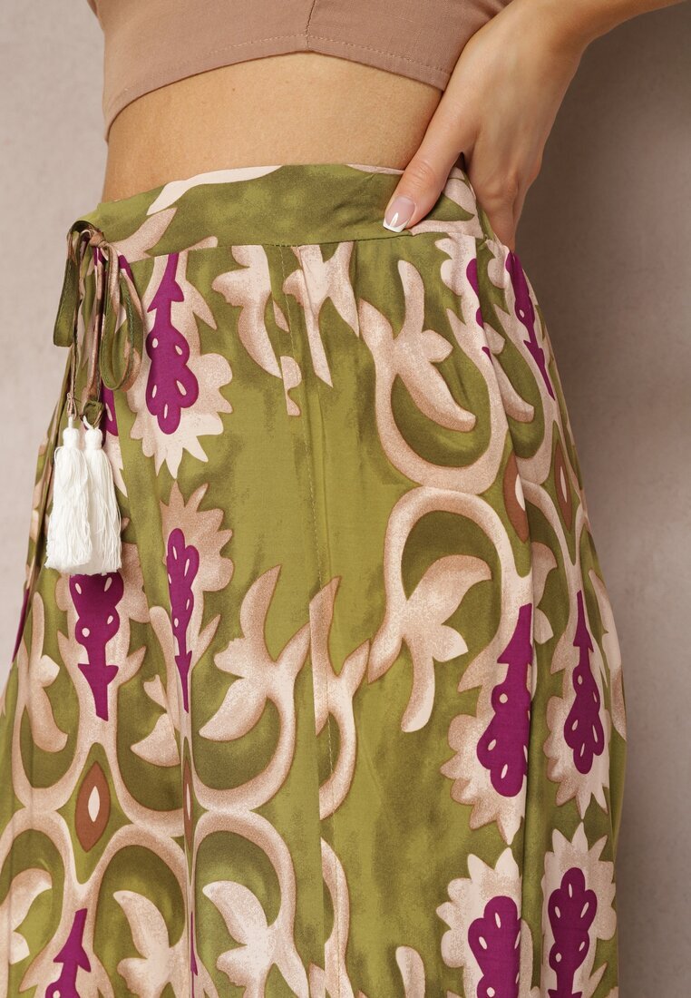 cflo Pantaloni Largi Verde-Violet din Viscoză Decorați cu Decupaje pe Picioare și cu Model Ornamental Giathena