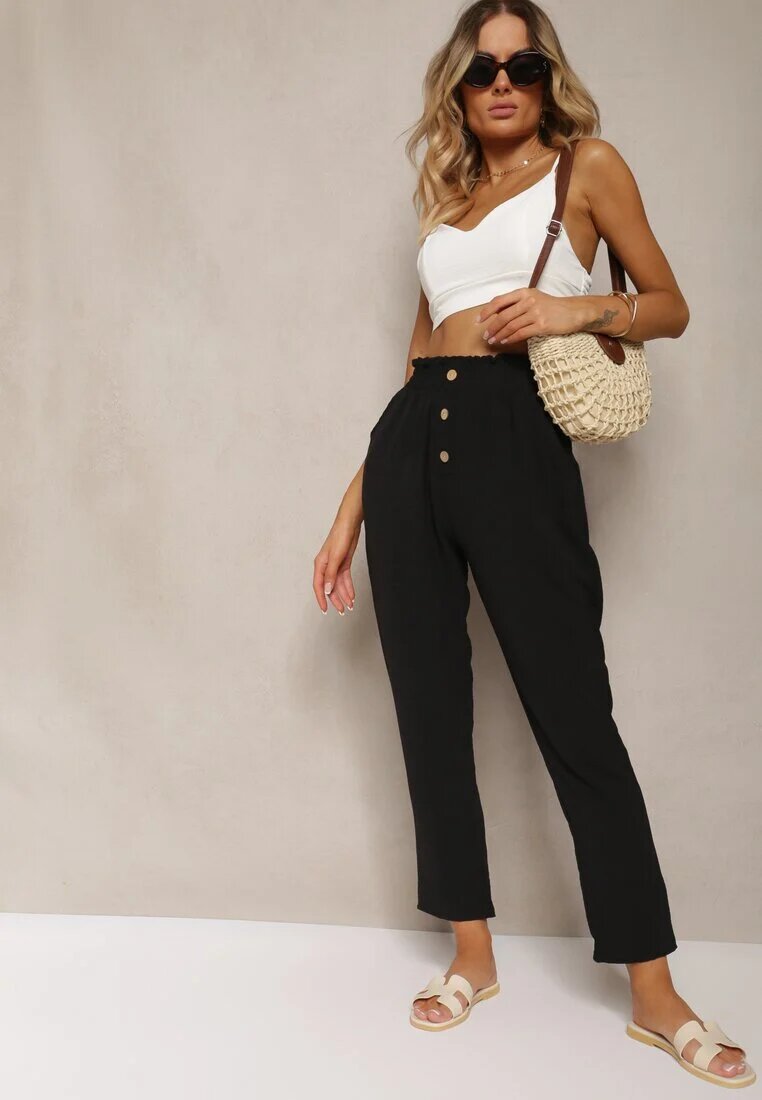 cflo Pantaloni Negri Tip Paper Bag Talie Înaltă cu Elastic în Talie Salvavia