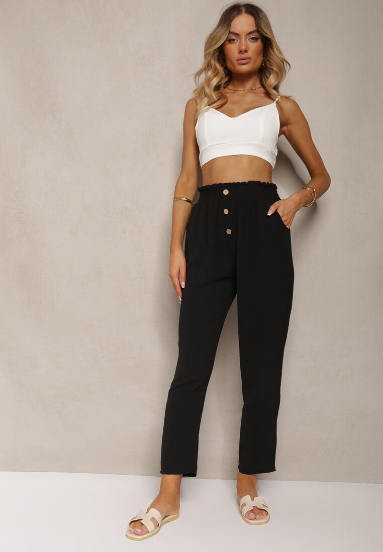 cflo Pantaloni Negri Tip Paper Bag Talie Înaltă cu Elastic în Talie Salvavia