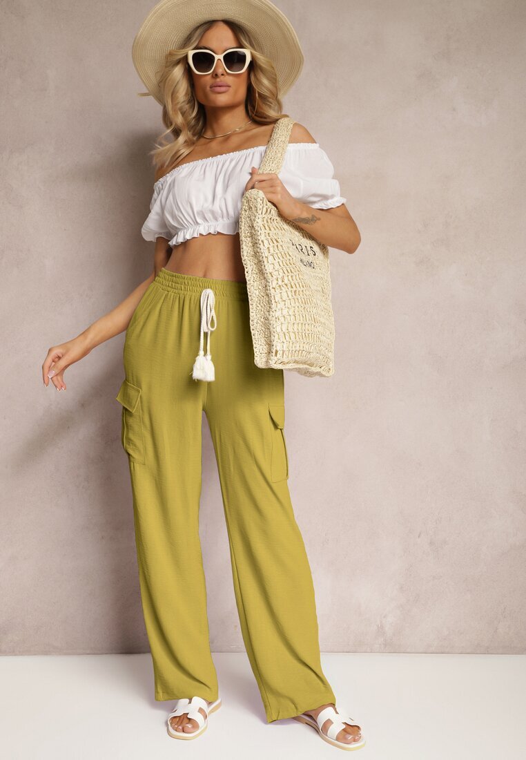 cflo Pantaloni Palazzo Verde deschis cu picioare largi cu elastic în talie și buzunare cu clapetă Weva