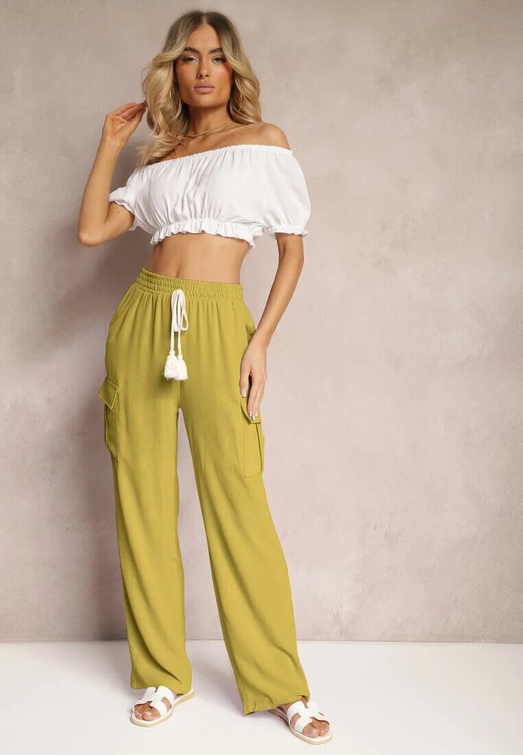 cflo Pantaloni Palazzo Verde deschis cu picioare largi cu elastic în talie și buzunare cu clapetă Weva