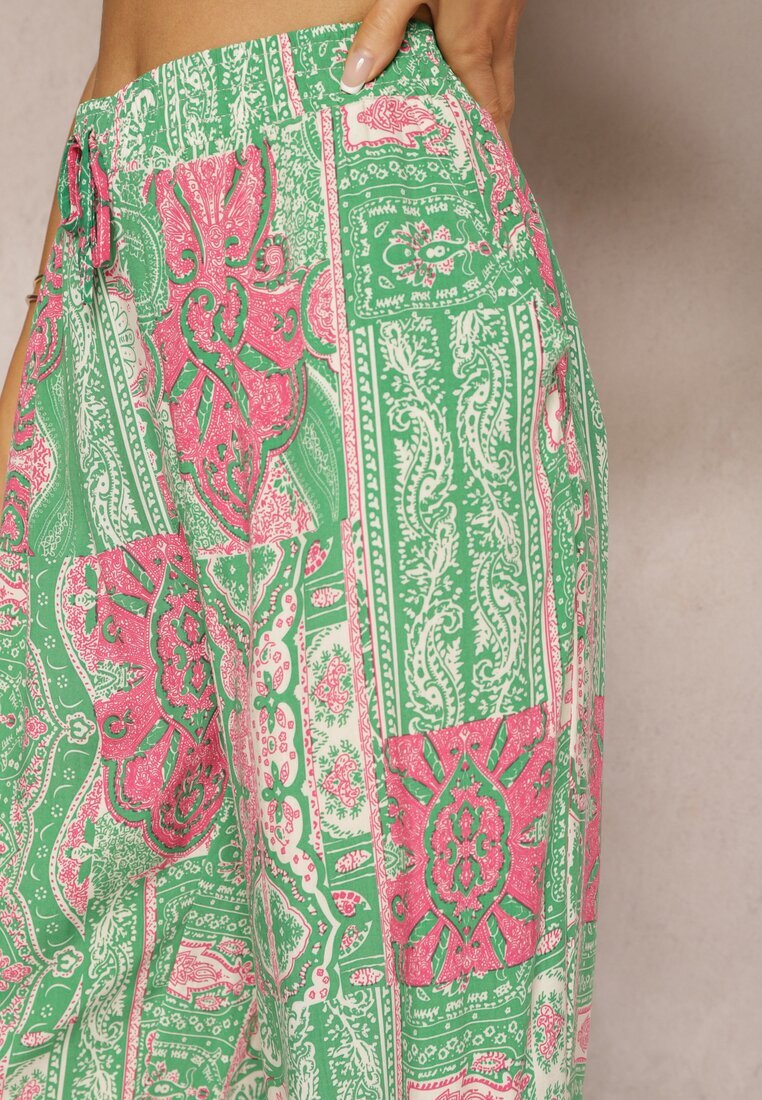 cflo Pantaloni Verde-Roz Lari Tip Palazzo Din Vâscoză Cu Elastic în Talie Melafea