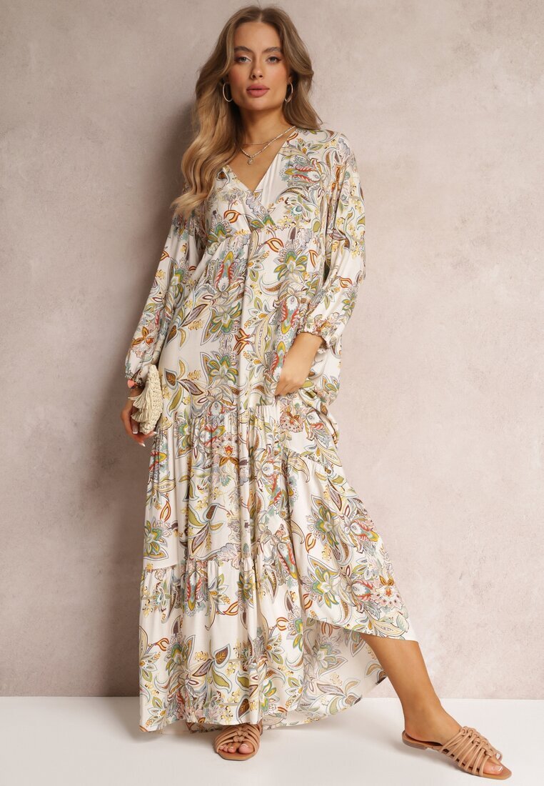 cflo Rochie Alb-Bej Oversize cu flori Iophne