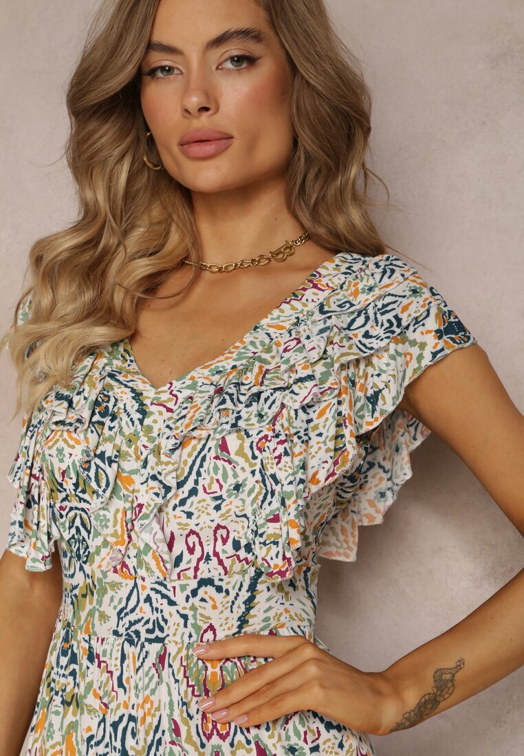 cflo Rochie Alb-Bej Viscoză Maxi cu Pompoane și Elastic în Talie Belmona