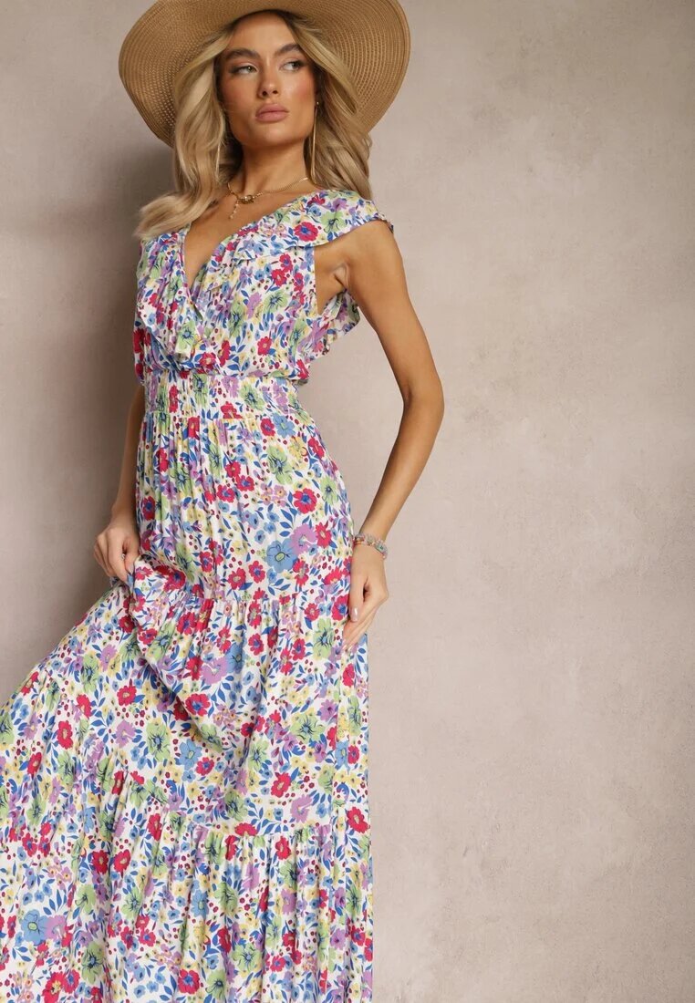 cflo Rochie Alb-Roz Petrecută cu Imprimeu Floral cu Croi Cloș Maxi cu Volănaș Seneora