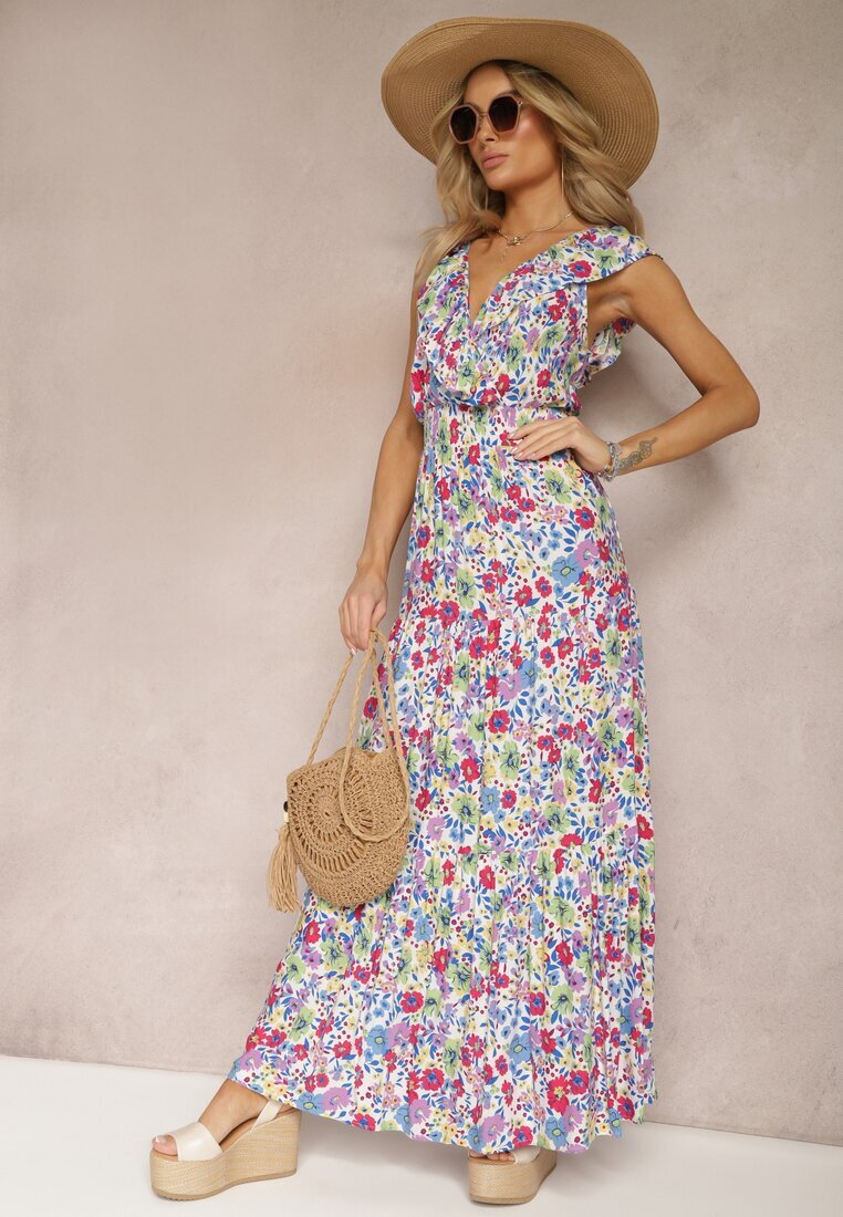 cflo Rochie Alb-Roz Petrecută cu Imprimeu Floral cu Croi Cloș Maxi cu Volănaș Seneora