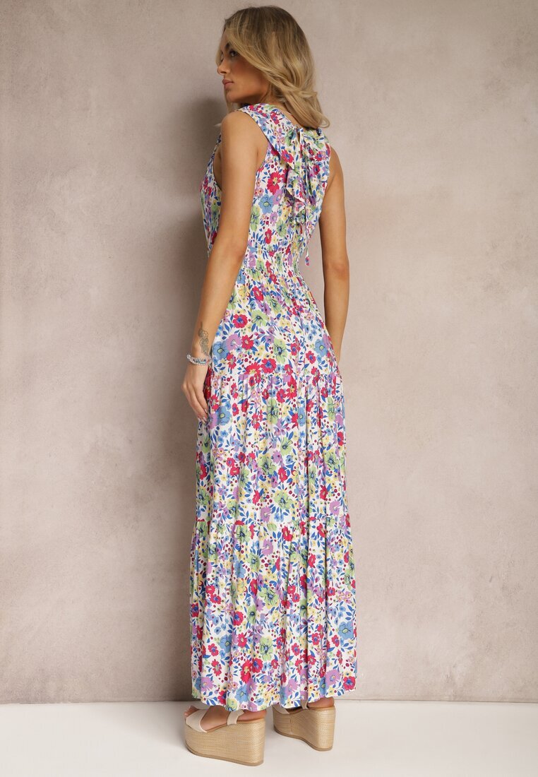 cflo Rochie Alb-Roz Petrecută cu Imprimeu Floral cu Croi Cloș Maxi cu Volănaș Seneora