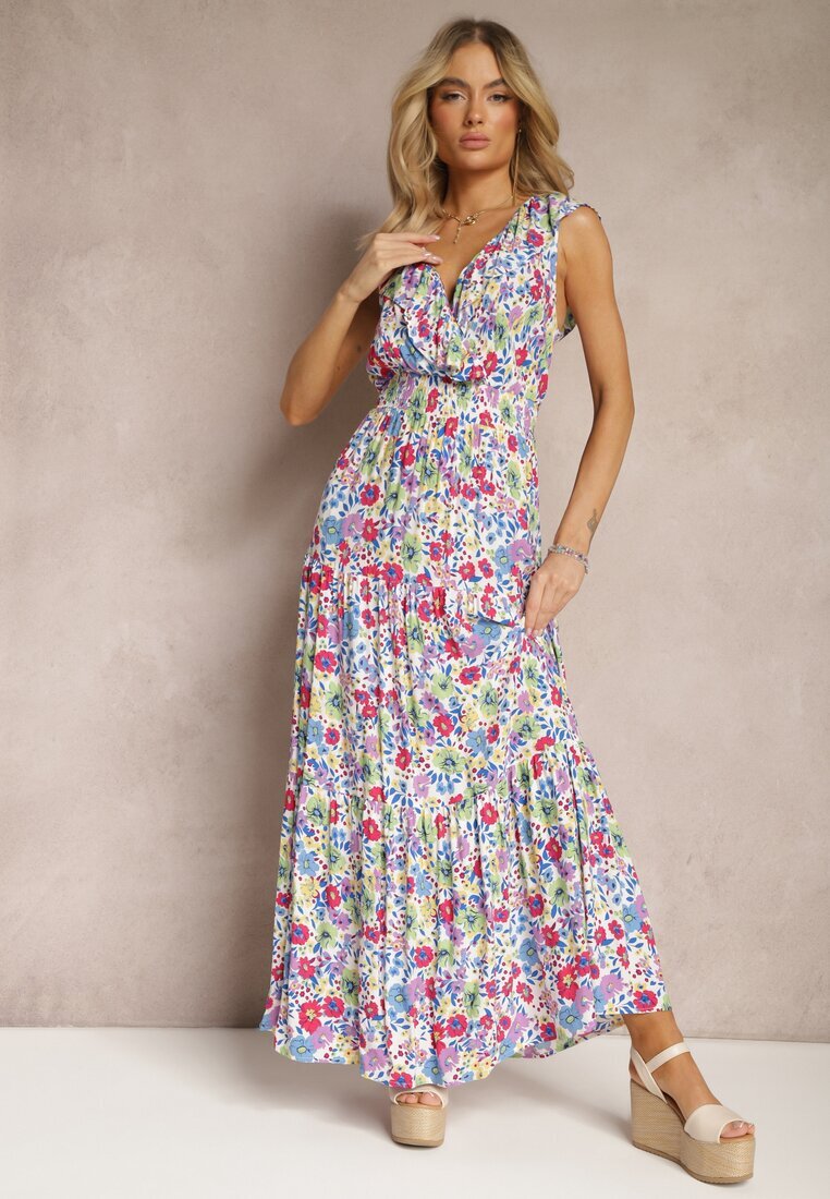 cflo Rochie Alb-Roz Petrecută cu Imprimeu Floral cu Croi Cloș Maxi cu Volănaș Seneora