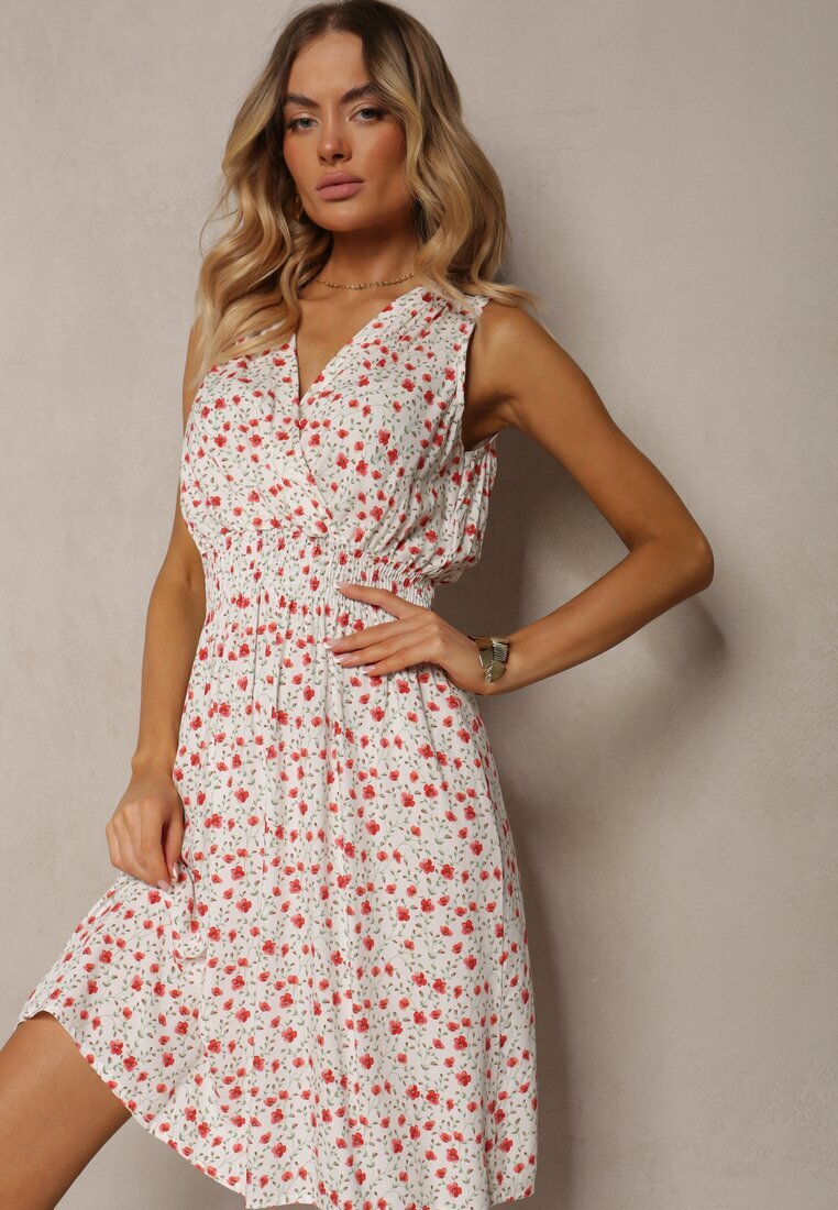 cflo Rochie Alb-Roz Petrecută din Viscoză Florală Cu elastic în talie Innavia