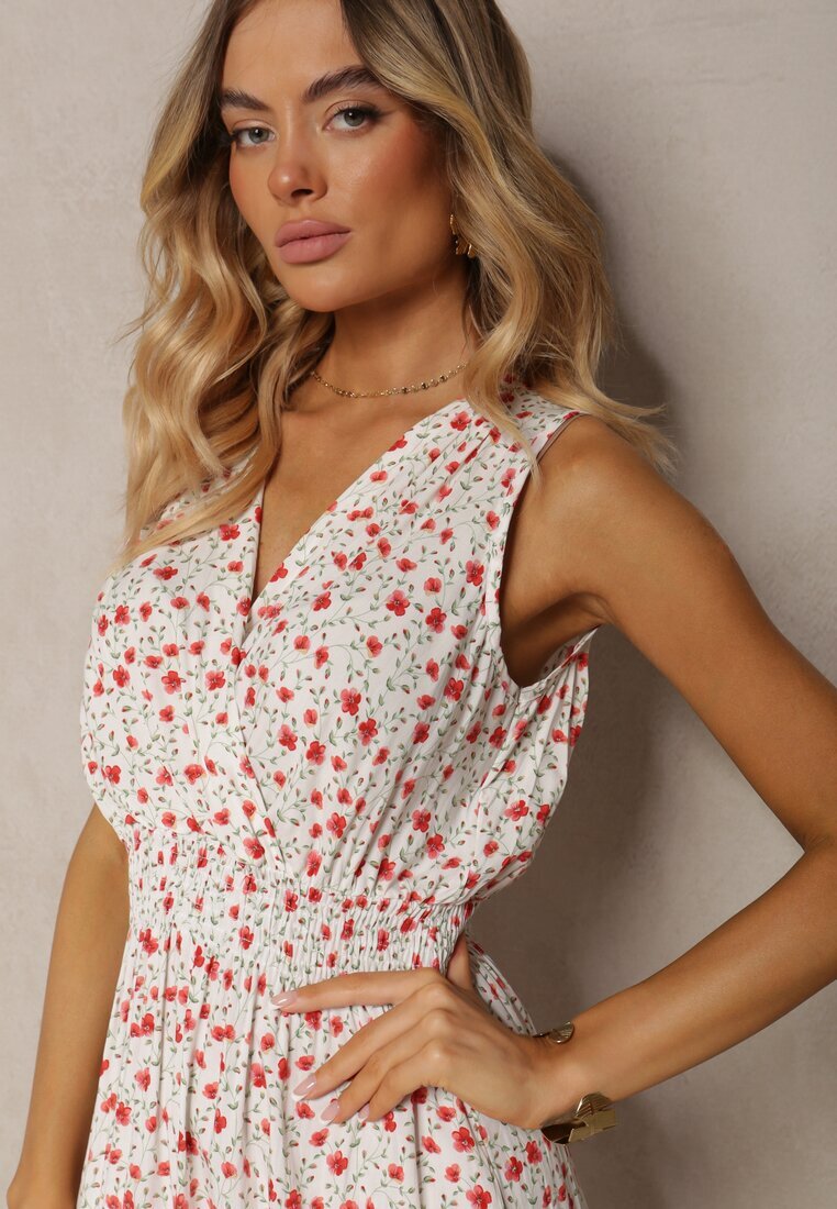 cflo Rochie Alb-Roz Petrecută din Viscoză Florală Cu elastic în talie Innavia