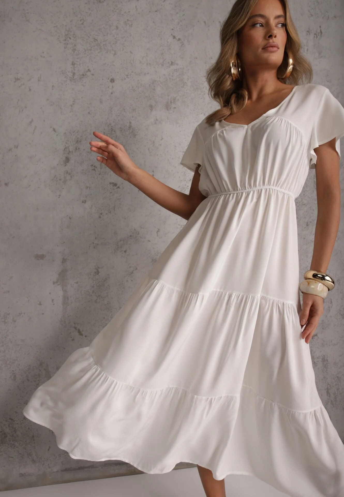 cflo Rochie Albă din Vâscoză cu croială evazată cu volane Jonmy
