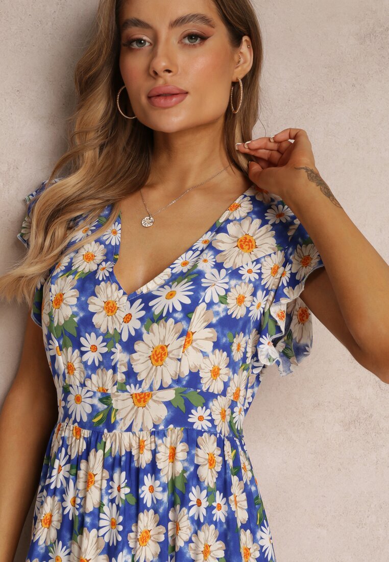 cflo Rochie Albastră Cambrată Mini Cu flori cu talie elastică Teziovi