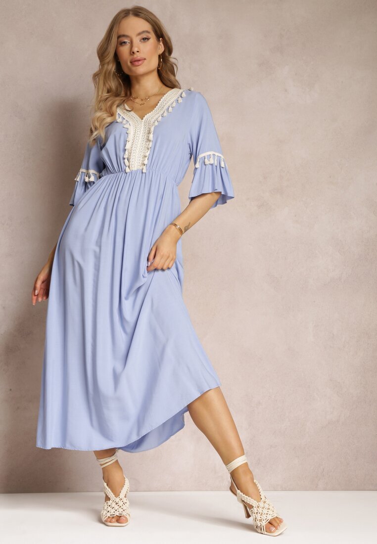 cflo Rochie Albastră Maxi cu elastic în talie cu ciucuri decorative din viscoză Zisel