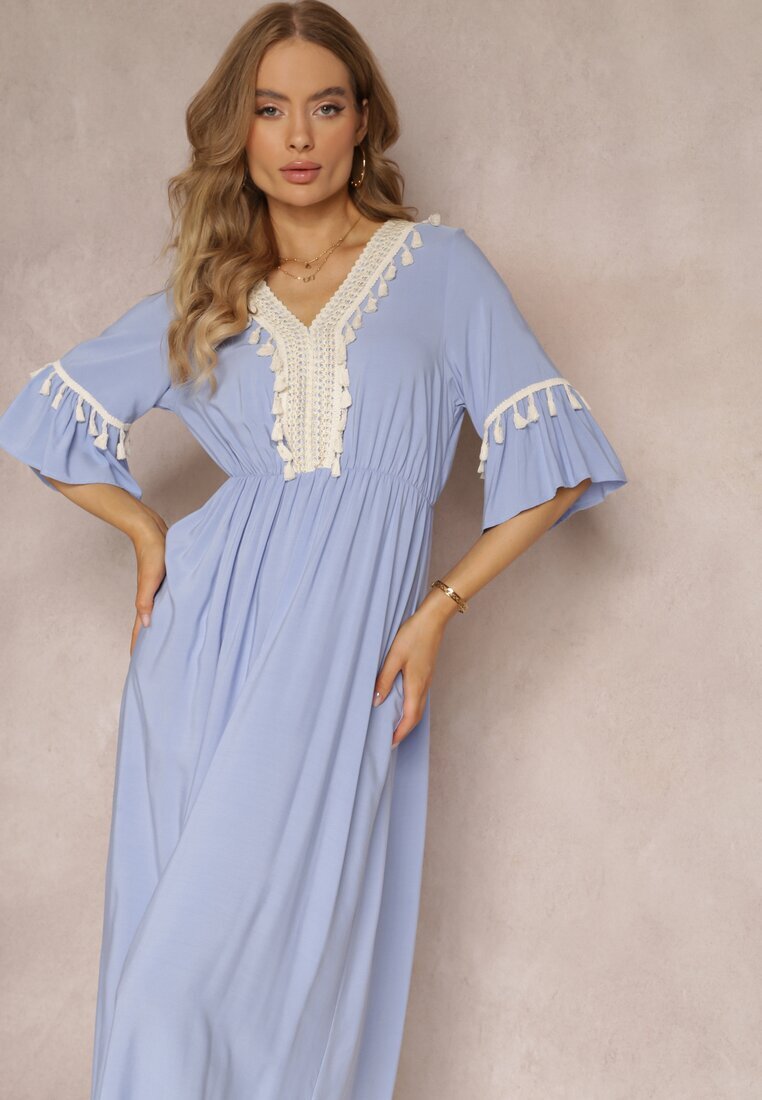cflo Rochie Albastră Maxi cu elastic în talie cu ciucuri decorative din viscoză Zisel