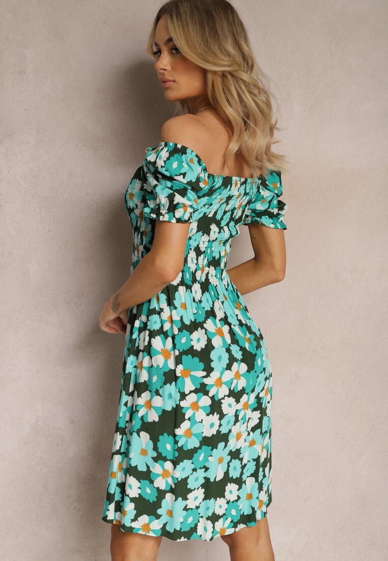 cflo Rochie Albastru-Verde din Viscoză Midi cu Decolteu Pătrat și Imprimeu Floral Narcca